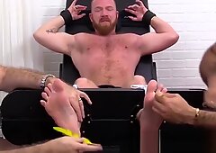 Hairy gay dude Red gets tied down and tickled on the chair